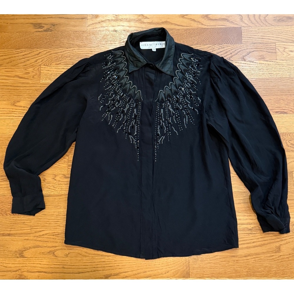 Lillie Rubin Vintage Black Silk Beaded Blouse Leather Collar Size 8 Long Sleeve